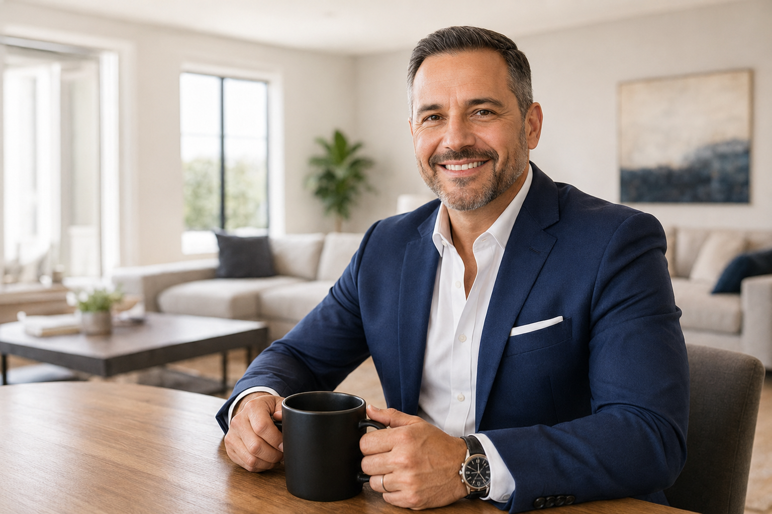 Residential real estate professional relaxing with his morning coffee